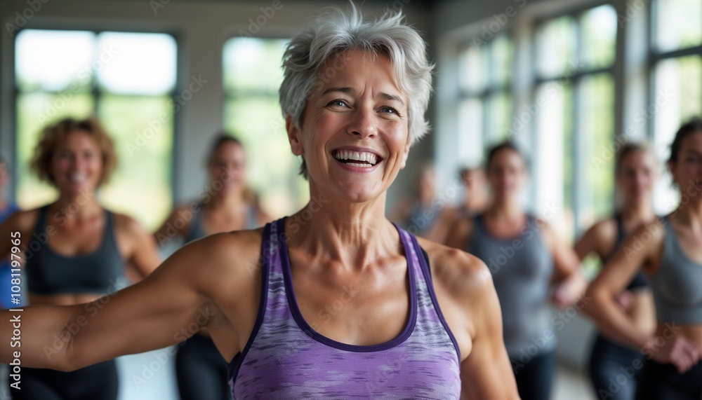 A cheerful senior woman leads a vibrant group fitness class. She inspires with energy and positivity, showcasing active living and healthy aging. Perfect representation of community and wellness.

