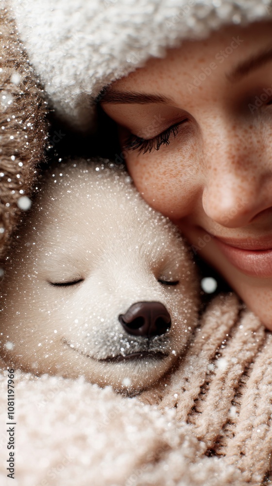Cozy winter moment with a woman and her sleeping puppy in the snow, AI Cozy winter moment with a woman and her sleeping puppy in the snow, AI