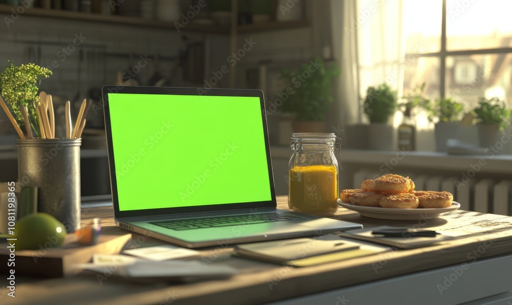 Laptop with green screen on a wooden table in a cozy kitchen environment along with various cards, office supplies, jars, and a plate of pastries Laptop with green screen on a wooden table in a cozy kitchen environment along with various cards, office supplies, jars, and a plate of pastries