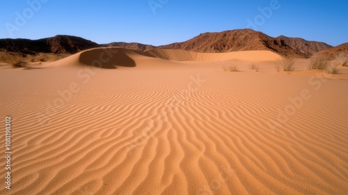 Vast desert landscape with sand dunes and mountains