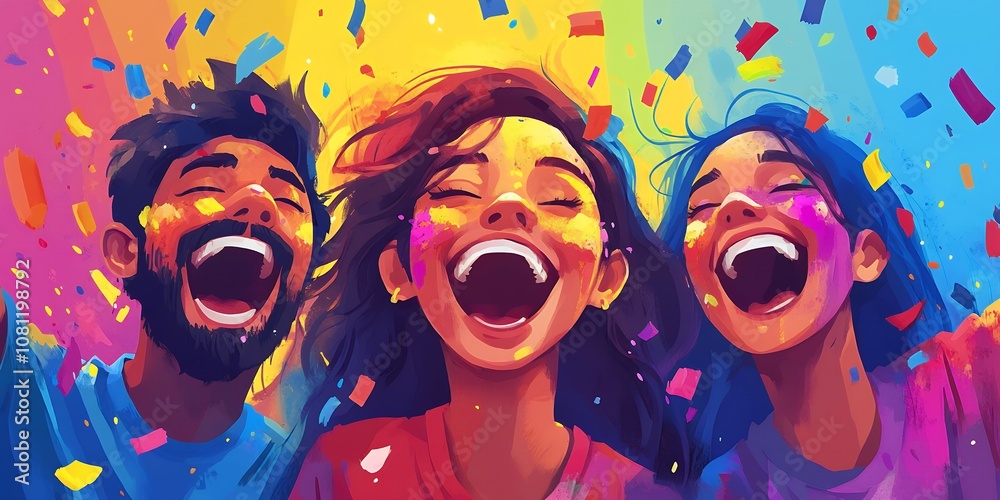 Obraz premium A Vibrant Celebration Capturing Three Friends Joyfully Laughing and Covered in Colorful Powders, Surrounded by a Backdrop of Bright Hues and Confetti During a Festive Occasion