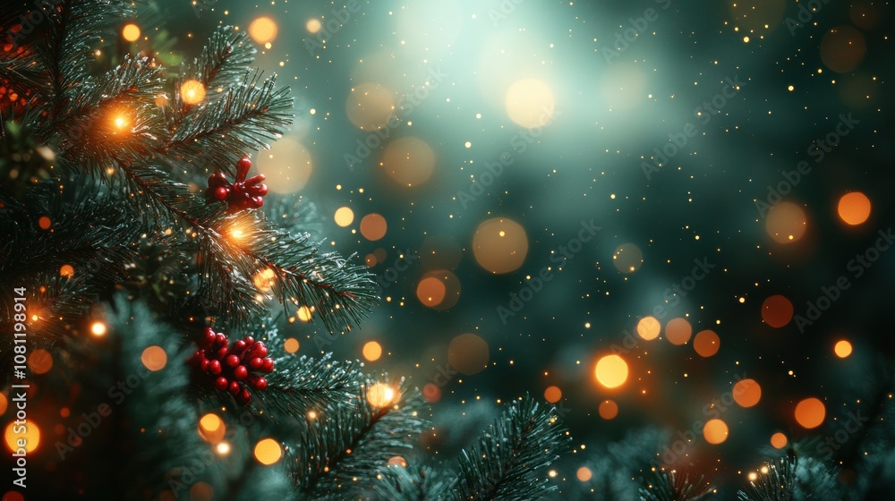 Sparkling Winter Wonderland: A close-up of a frosted pine branch adorned with twinkling lights and festive berries, creating a magical winter scene. Sparkling Winter Wonderland: A close-up of a frosted pine branch adorned with twinkling lights and festive berries, creating a magical winter scene.