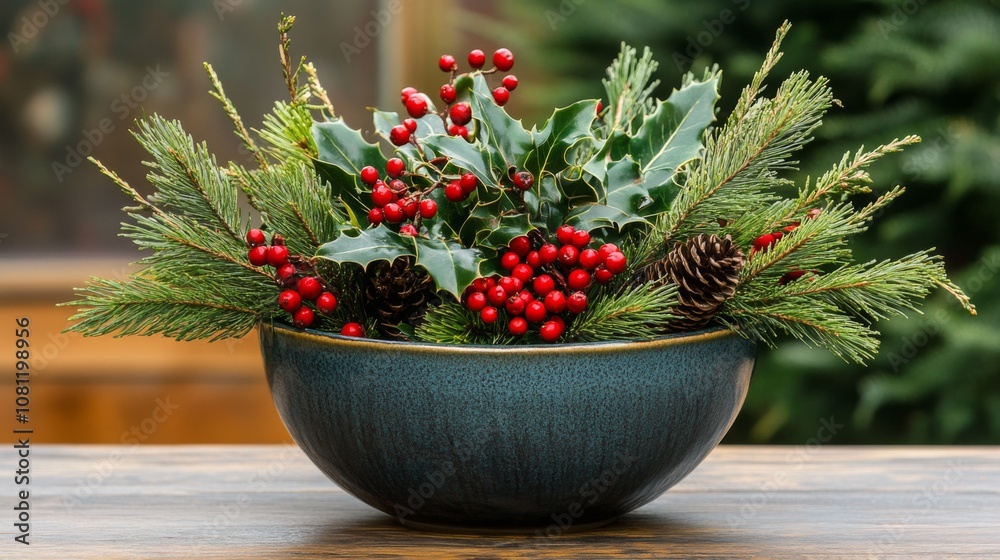 A Festive Arrangement of Holly, Pine, and Berries in a Blue Bowl A Festive Arrangement of Holly, Pine, and Berries in a Blue Bowl