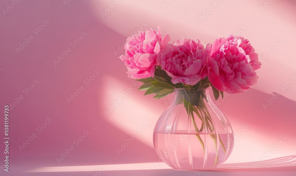 Pink peonies in a transparent vase on a pink background. Copyspace Pink peonies in a transparent vase on a pink background. Copyspace
