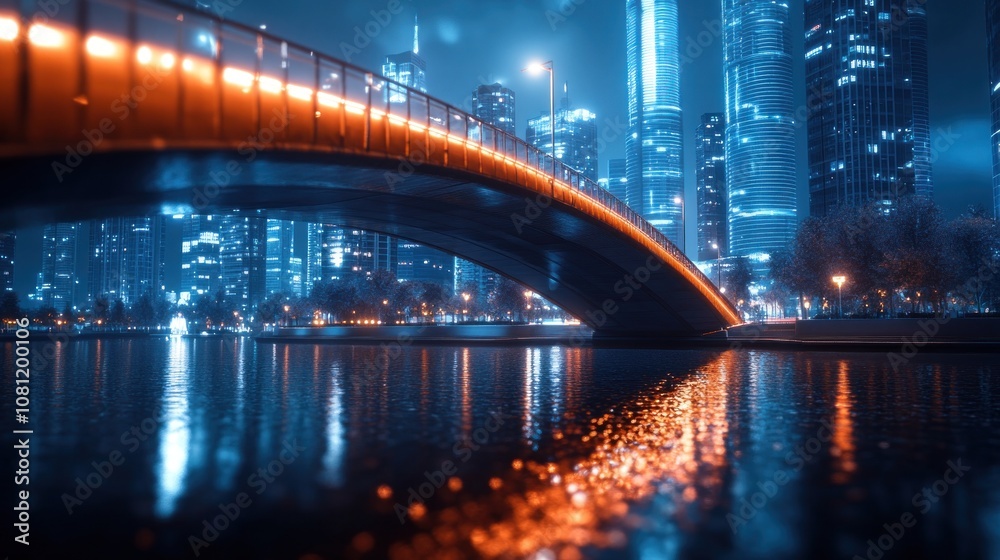 Obraz premium Night Cityscape: Illuminated Bridge and Modern Skyscrapers Reflecting in Calm Water
