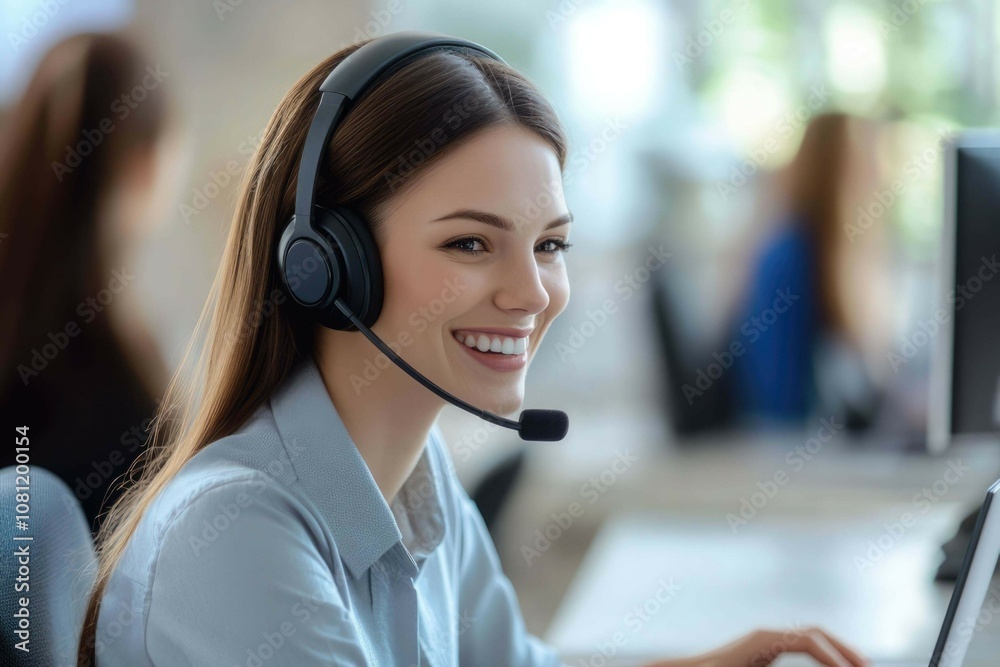happy call center agent wearing headset talking to client working in customer support office. professional contract service telemarketing operator using laptop having conversation. candid shot happy call center agent wearing headset talking to client working in customer support office. professional contract service telemarketing operator using laptop having conversation. candid shot