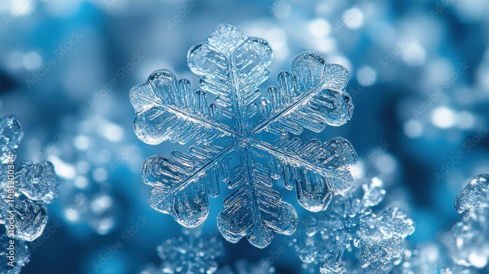 Winter's Delicate Jewel: A close-up of a single, intricately detailed snowflake against a softly blurred background of icy blue hues. The image evokes a sense of serenity and the magic of winter. Winter's Delicate Jewel: A close-up of a single, intricately detailed snowflake against a softly blurred background of icy blue hues. The image evokes a sense of serenity and the magic of winter.