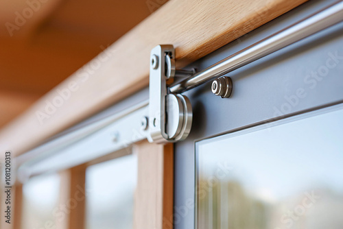 Minimalist sliding door hardware close-up, premium aluminum finish.