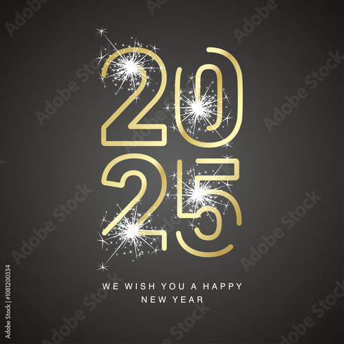 Happy New Year 2025 neon led golden line art design shape of 2025 year logo with sparkle firework on black background. Moving lights on numbers, social media template for 2025 photo