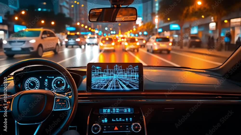 Dashboard and navigation screen in a car navigating city traffic. Capturing the essence of modern city driving. Dashboard and navigation screen in a car navigating city traffic. Capturing the essence of modern city driving.