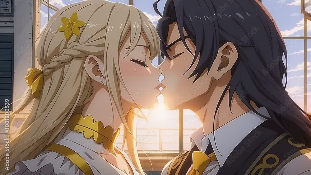 anime blonde girl with long hair and brunette guy kissing at dawn close-up