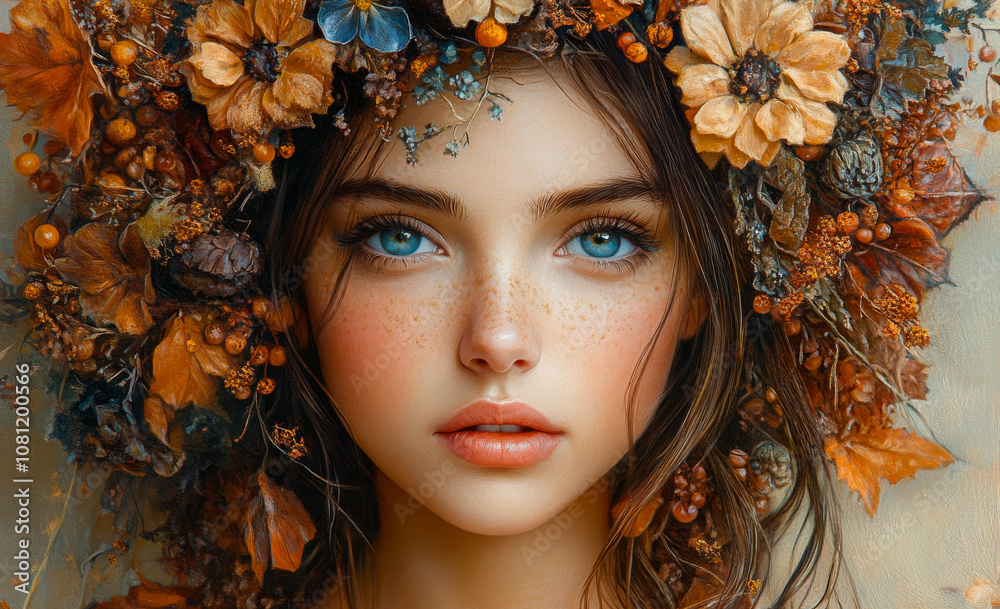 A woman with a flower crown on her head. The flowers are orange and blue. The woman has blue eyes and a pinkish face A woman with a flower crown on her head. The flowers are orange and blue. The woman has blue eyes and a pinkish face