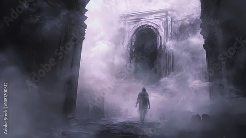 Ghostly ethereal figure emerging from a swirling misty abandoned graveyard in an otherworldly moody and eerie digital painting with a romantic gothic influence. Enigma. Illustration photo