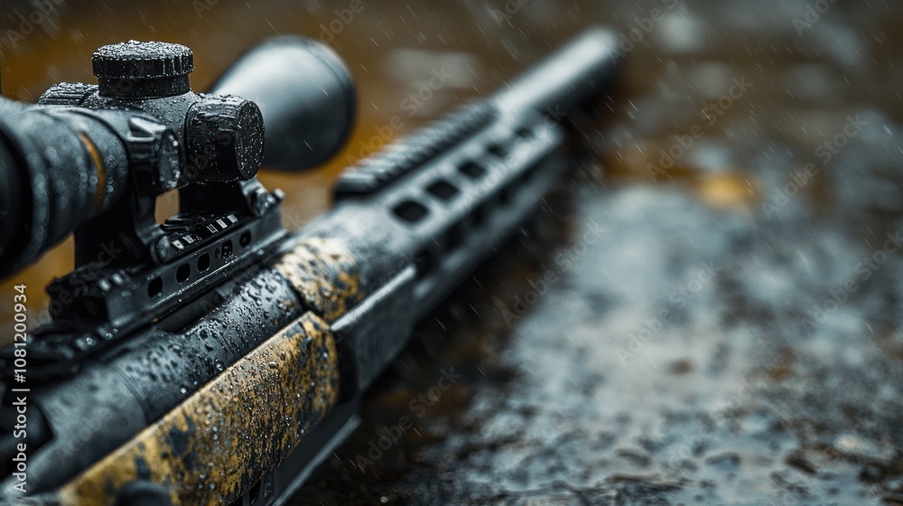 Obraz premium A close-up of a sniper rifle with a scope, lying on the ground, covered in rain.