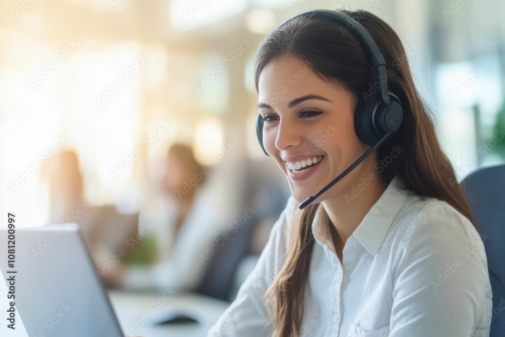 happy call center agent wearing headset talking to client working in customer support office. professional contract service telemarketing operator using laptop having conversation. candid shot