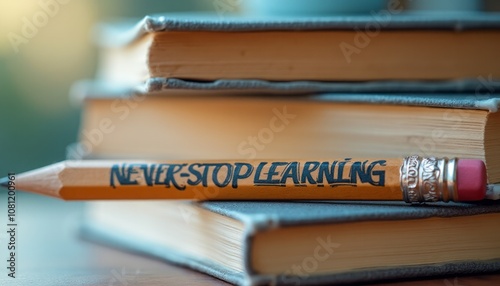 A vibrant yellow pencil rests across a stack of well-worn books, boldly inscribed with the phrase "NEVER STOP LEARNING." The warm sunlight casts a gentle glow, highlighting the pencil's message and