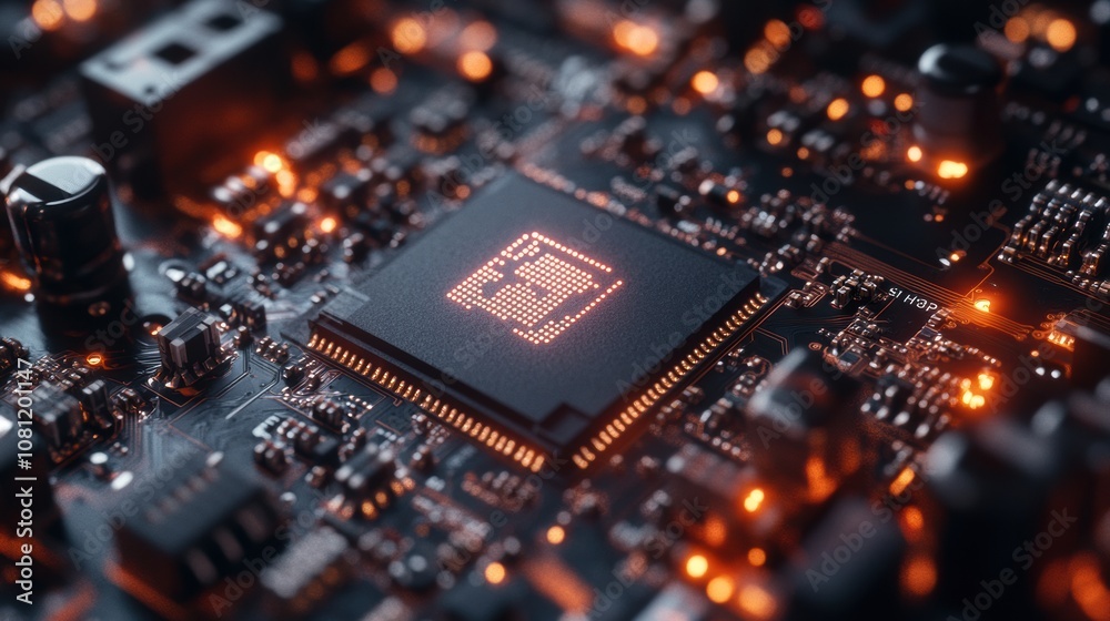 The Heart of Technology: A close-up shot of a glowing CPU chip on a circuit board, capturing the intricate beauty and power of modern technology. The Heart of Technology: A close-up shot of a glowing CPU chip on a circuit board, capturing the intricate beauty and power of modern technology.