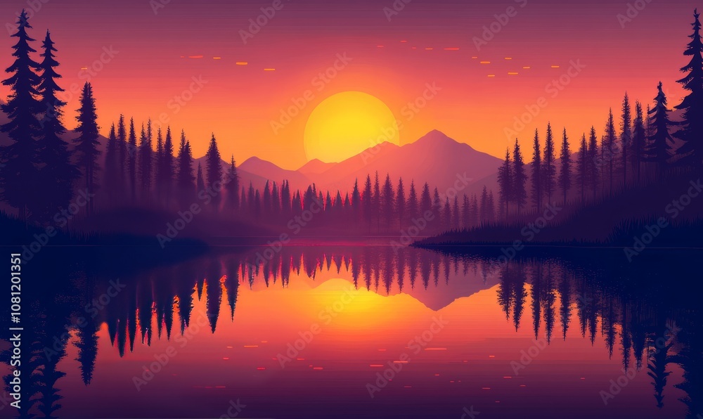 Fototapeta premium Majestic Sunset Landscape with Silhouetted Forest and Reflection in Lake