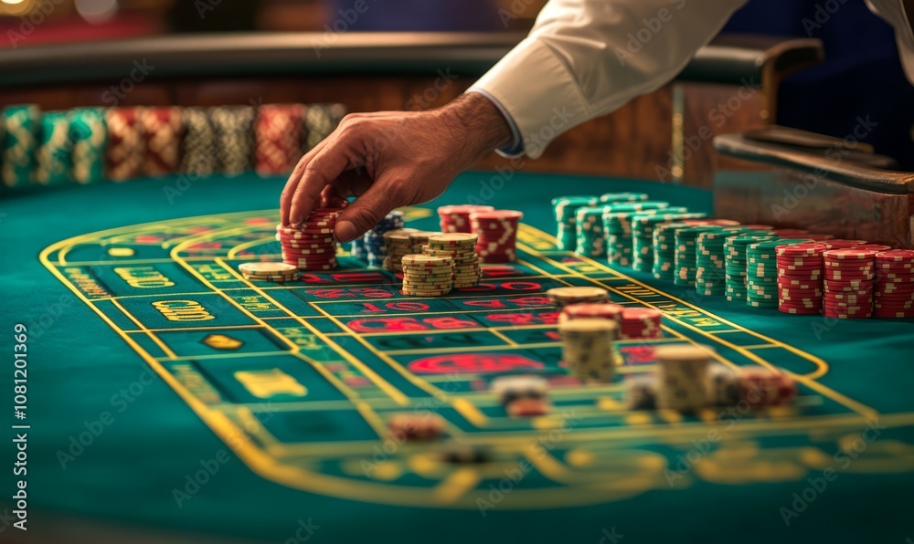 Male croupier at the casino at the table isolated on blue background. Casino concept, gambling, poker, chips on the green casino table. Male croupier at the casino at the table isolated on blue background. Casino concept, gambling, poker, chips on the green casino table.