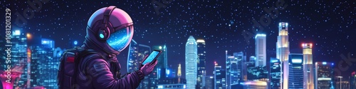 astronaut using phone to check stock exchange, vector illustration, galaxy background with singapore skyli photo