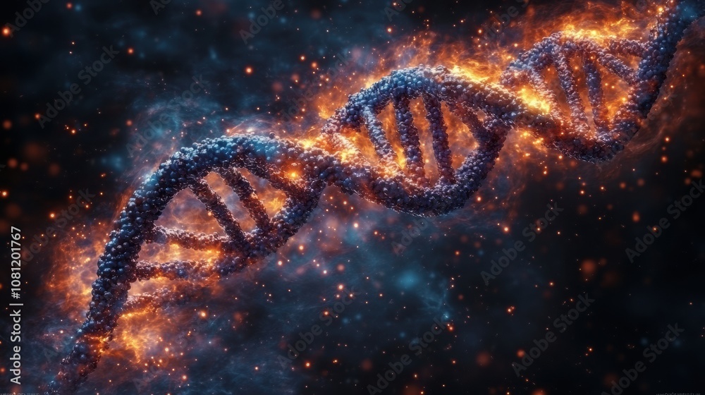 DNA in Flames: A swirling helix of DNA, engulfed in fiery flames, represents the power and potential of genetic code, the building blocks of life. DNA in Flames: A swirling helix of DNA, engulfed in fiery flames, represents the power and potential of genetic code, the building blocks of life.