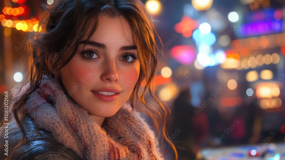 Smiling Woman in City Lights: A captivating portrait of a young woman with a warm smile, her beauty illuminated by the vibrant city lights in the background. Smiling Woman in City Lights: A captivating portrait of a young woman with a warm smile, her beauty illuminated by the vibrant city lights in the background.