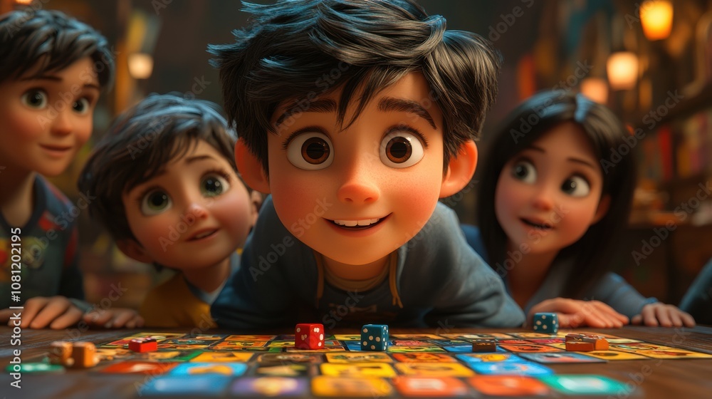 Enchanted Board Game Adventure: A group of children, eyes wide with wonder, lean in close to a magical board game, their expressions reflecting the thrill of the game. Enchanted Board Game Adventure: A group of children, eyes wide with wonder, lean in close to a magical board game, their expressions reflecting the thrill of the game.