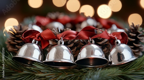 Silver Bells Tied with Red Ribbon on Pine Branches photo