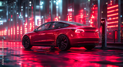 A red parked in front of a neon sign. The car is parked in a city street with a red glow from the neon sign