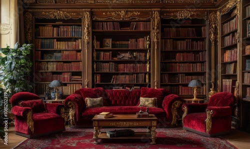 Opulent Antique Library Adorned with Plush Red Velvet Furnishings and Leather Bound Tomes