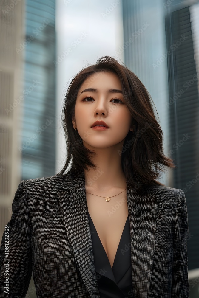 Asian business woman in a stylish blazer with a plunging neckline Asian business woman in a stylish blazer with a plunging neckline