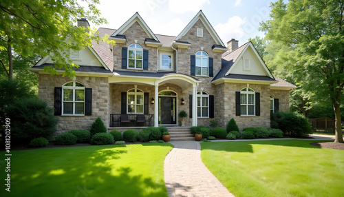 Captivating, candid photography of beautiful home exteriors with manicured lawns, showcasing curb appeal and natural textures, perfect for potential buyers