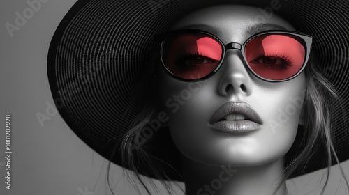 A fashion model's captivating gaze through vibrant red sunglasses, set against a monochrome backdrop.  The image is a study in contrast, highlighting the bold accessories photo