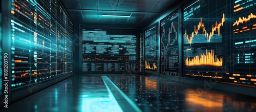 Futuristic server room with glowing screens displaying data and graphs.