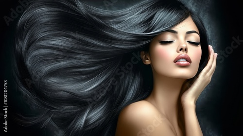 Gorgeous Woman With Flowing Black Hair, Beauty Portrait For Haircare, Cosmetics, Or Fashion