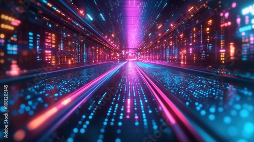 Digital Dreamscape: A mesmerizing tunnel of neon lights and digital code creates a futuristic and abstract backdrop, symbolizing the boundless possibilities of the digital world. 