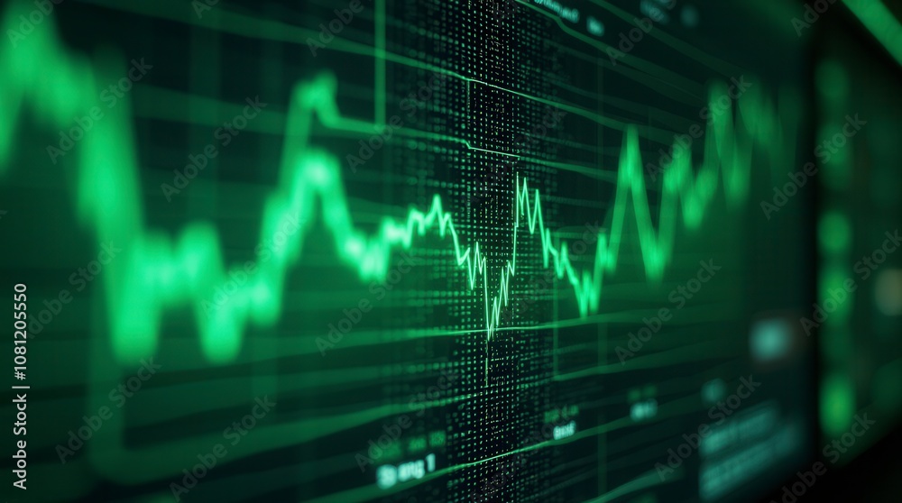 Fototapeta premium Futuristic Green-Lit Display of S&P Stock Market Index on Large Screen Financial Technology Concept