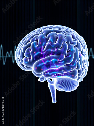 Neurotransmission excitatory glutamate and inhibitory GABA (Gamma-Aminobutyric Acid). Brain waves - alpha, beta, delta, theta - neural activities. Neuroimaging technologie: Electroencephalogram (EEG) photo