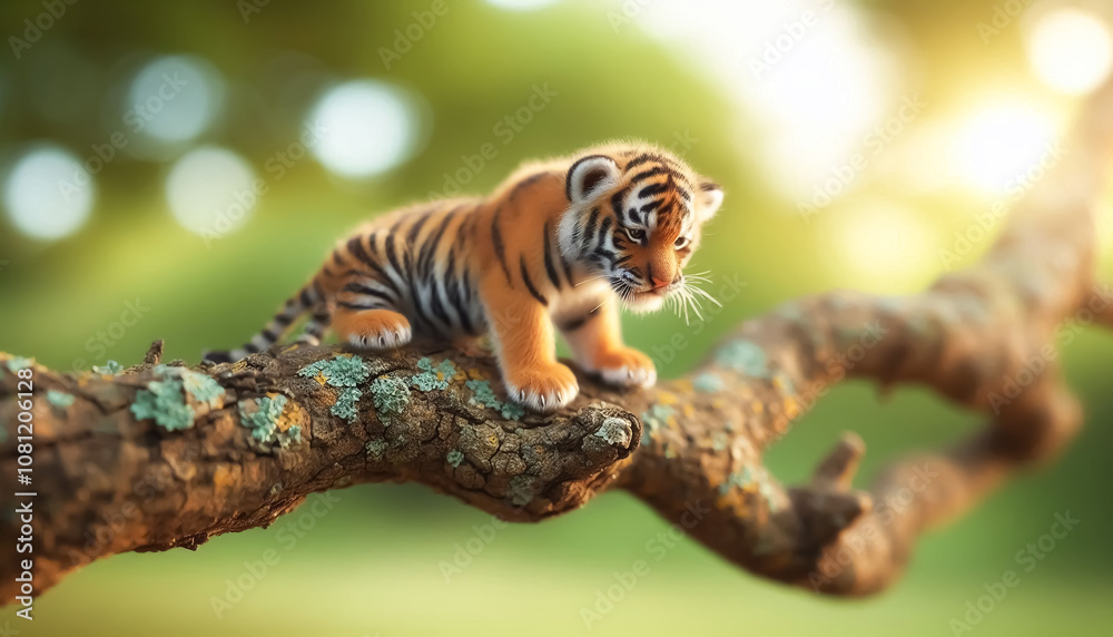 Baby miniature Bengal tiger on a tree trunk Baby miniature Bengal tiger on a tree trunk