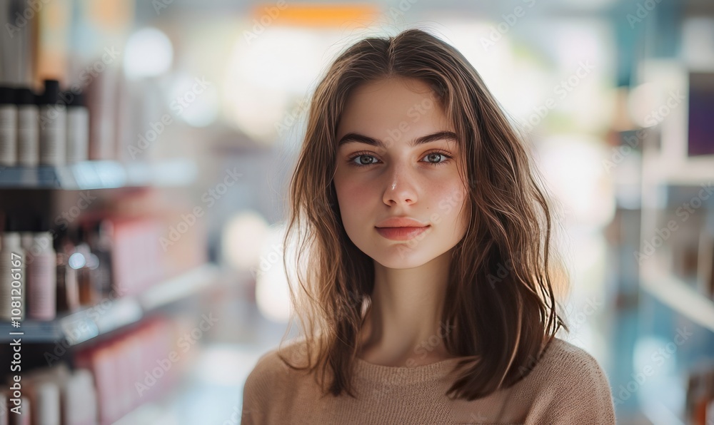 Portrait of young woman with natural makeup in a beauty product store Portrait of young woman with natural makeup in a beauty product store