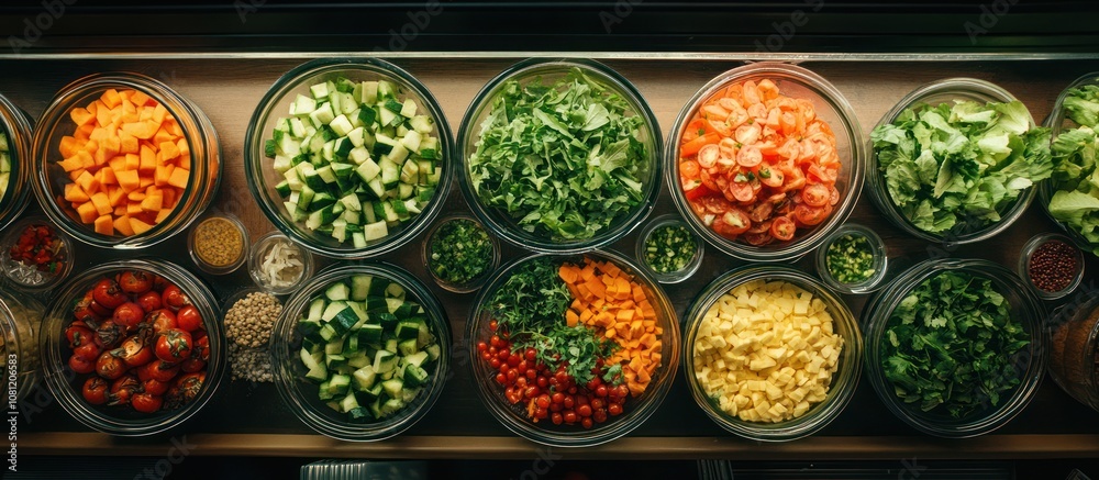 Assorted chopped vegetables in glass bowls on a wooden surface.