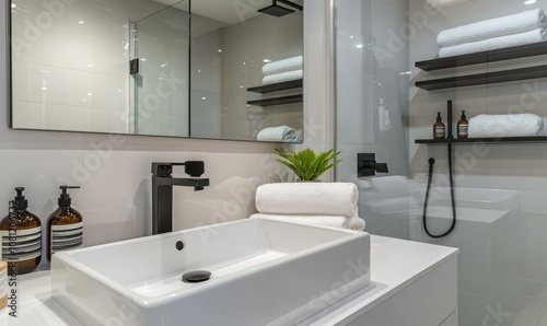 Modern minimalist bathroom with a white floating vanity, rectangular sink, large mirror, black faucet, shelves with toiletries, folded towels, and a walk-in shower