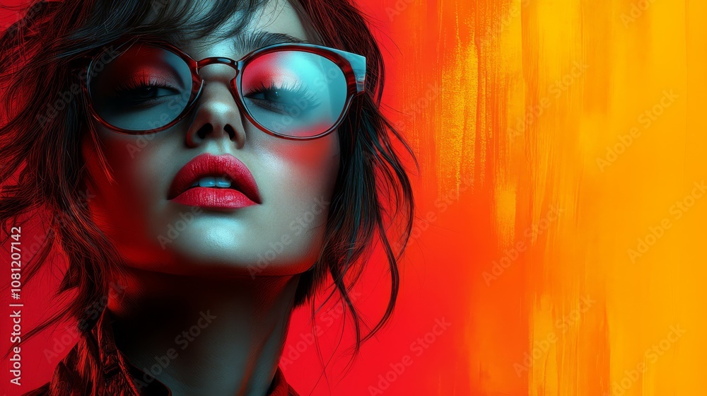 Fototapeta premium A captivating portrait of a woman with a bold, confident look. Her expressive eyes and bright red lips make a statement against a vibrant red and orange backdrop.