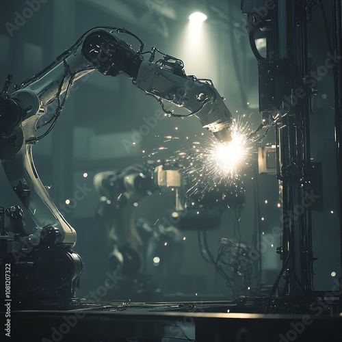 Robotic Arm Welding with Precision in Dark High-Tech Factory, Sparks Flying from the Torch photo