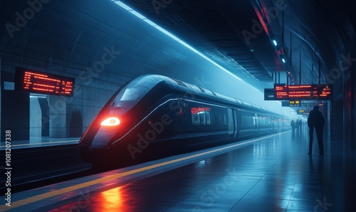 Modern sleek high-speed train at an illuminated underground station with a futuristic design and platform signage