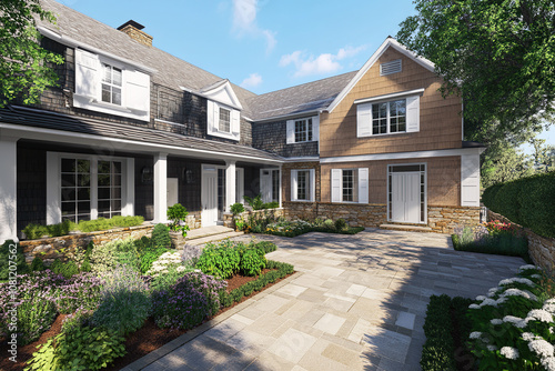 a modern farmhouse front yard with a patio and stone walkway. The house has black shutters on the windows, white walls, a light brown shingle roof, and dark wood trim around the doors and window frame