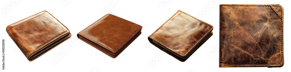 Brown leather wallet isolated on transparent background, set of Brown leather wallet isolated on transparent background, set of