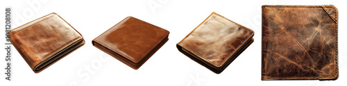 Brown leather wallet isolated on transparent background, set of