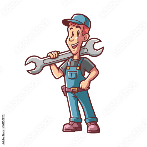 Cartoon Mechanic Standing Mascot Holding Giant Wrench