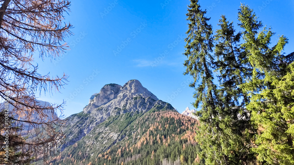 Majestic Dolomite mountain landscape with vibrant evergreen trees under a clear blue sky, ideal for adventure and Earth Day themes Majestic Dolomite mountain landscape with vibrant evergreen trees under a clear blue sky, ideal for adventure and Earth Day themes